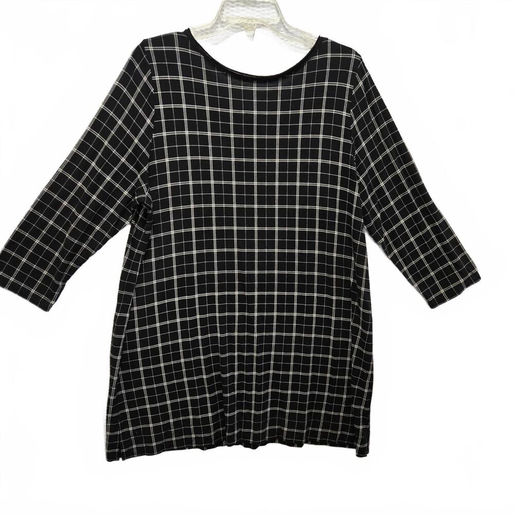 J Jill Wearever Black & White Plaid 3/4 Sleeve V-Back Tunic Knit Top Large
